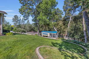 View of yard by patio. Chicken coop.