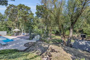 View of yard with a pool side deck and a patio area, diving board