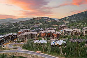 Aerial view at dusk with a mountain view