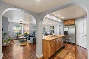 Kitchen with ceiling fan, sink, dark hardwood / wood-style flooring, and stainless steel appliances