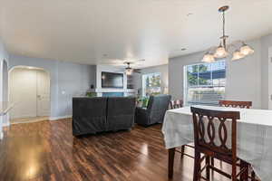 Living room featuring dark hardwood / wood-style floors and ceiling fan with notable chandelier