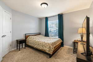 Bedroom with light colored carpet