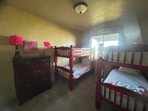 Bedroom featuring lofted ceiling and carpet