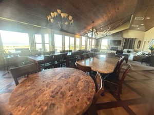 Dining room featuring a chandelier, wooden ceiling, and vaulted ceiling