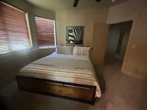 Bedroom with carpet and ceiling fan