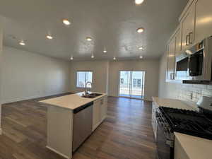 Kitchen featuring stainless steel appliances, sink, decorative backsplash, LVP floors, and an island with sink