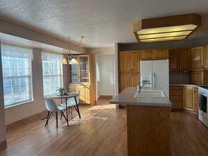 Kitchen with pendant lighting, an island with sink, sink, light hardwood / wood-style floors, and white appliances