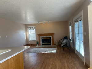 Unfurnished living room featuring rail lighting, dark hardwood / wood-style floors, a textured ceiling, and a fireplace