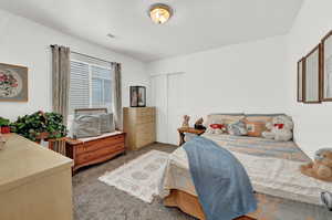 Bedroom featuring carpet flooring and a closet