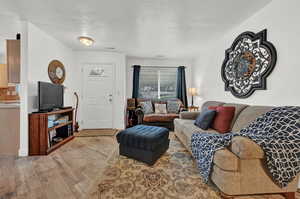 Living room with a textured ceiling and light hardwood / wood-style flooring