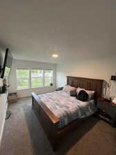 Carpeted bedroom with a textured ceiling