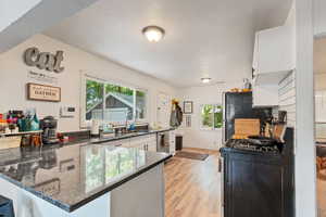 Kitchen with gas stove, dark stone countertops, tasteful backsplash, light hardwood / wood-style floors, and sink