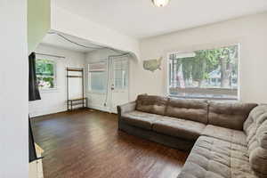 Living room featuring a healthy amount of sunlight and dark wood-type flooring