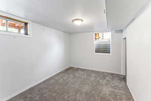 Basement bedroom with carpet flooring