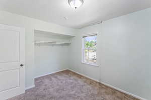 Interior space with light carpet and a closet, level 1 bedroom