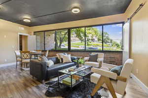 Living room featuring wood-type flooring and a wealth of natural light