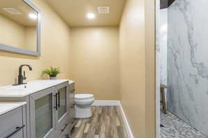 Bathroom with vanity, wood-type flooring, toilet, and a shower