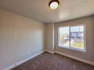 Unfurnished room with carpet and a textured ceiling