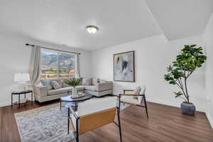 Living room featuring a textured ceiling and dark hardwood / wood-style floors