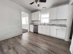 Kitchen with dishwasher, dark wood-type flooring, a wealth of natural light, and white cabinetry