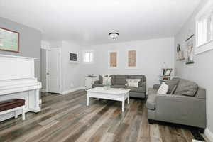 Living room featuring dark hardwood / wood-style floors and a healthy amount of sunlight