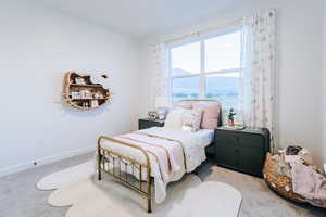 Bedroom with light colored carpet