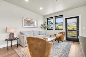 Living room with light wood-type flooring and plenty of natural light