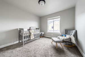 Bedroom with carpet flooring, lofted ceiling, and a nursery area