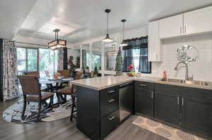 Kitchen featuring tasteful backsplash, hardwood / wood-style floors, sink, hanging light fixtures, and stainless steel dishwasher