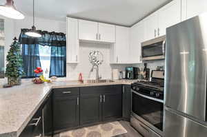 Kitchen with stainless steel appliances, decorative light fixtures, tasteful backsplash, and sink