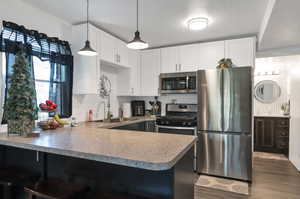 Kitchen featuring dark wood-type flooring, tasteful backsplash, kitchen peninsula, and stainless steel appliances