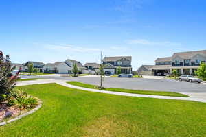 View of yard featuring a garage