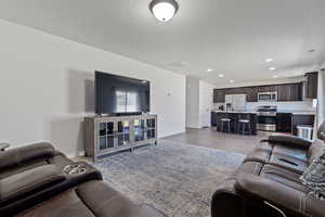 Living room featuring light hardwood / wood-style floors, sink, and a textured ceiling