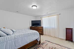 Bedroom featuring a textured ceiling and light colored carpet