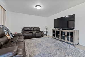 Carpeted living room featuring a textured ceiling