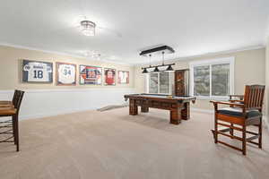 Recreation room with pool table, light carpet, ornamental molding, and rail lighting