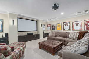 Cinema with rail lighting, carpet, and crown molding