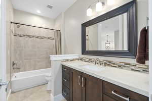 Full bathroom featuring vanity, shower / tub combo, toilet, tile patterned flooring, and backsplash