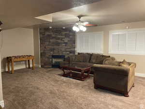 This family room is at the bottom of the stairs and is the perfect place for the family to hang out and get comfy.