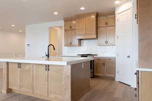 Kitchen with light hardwood / wood-style flooring, sink, backsplash, an island with sink, and stainless steel range with gas stovetop