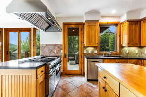 Kitchen featuring sink, decorative backsplash, exhaust hood, and stainless steel appliances