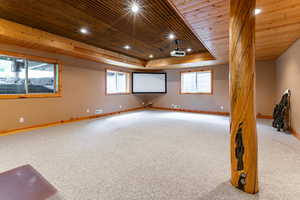 Living Room featuring a healthy amount of sunlight, light colored carpet, a raised metal ceiling, and wood ceiling, projector.