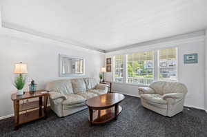 Carpeted living room featuring ornamental molding