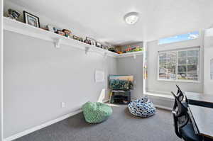 Bedroom with carpet floors and a textured ceiling