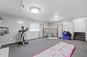 Exercise area with carpet floors, a textured ceiling, and rail lighting