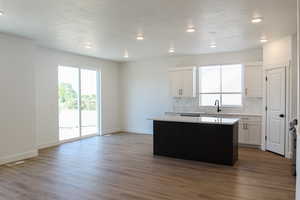 Kitchen featuring white cabinets, wood-type flooring, a center island, and a healthy amount of sunlight