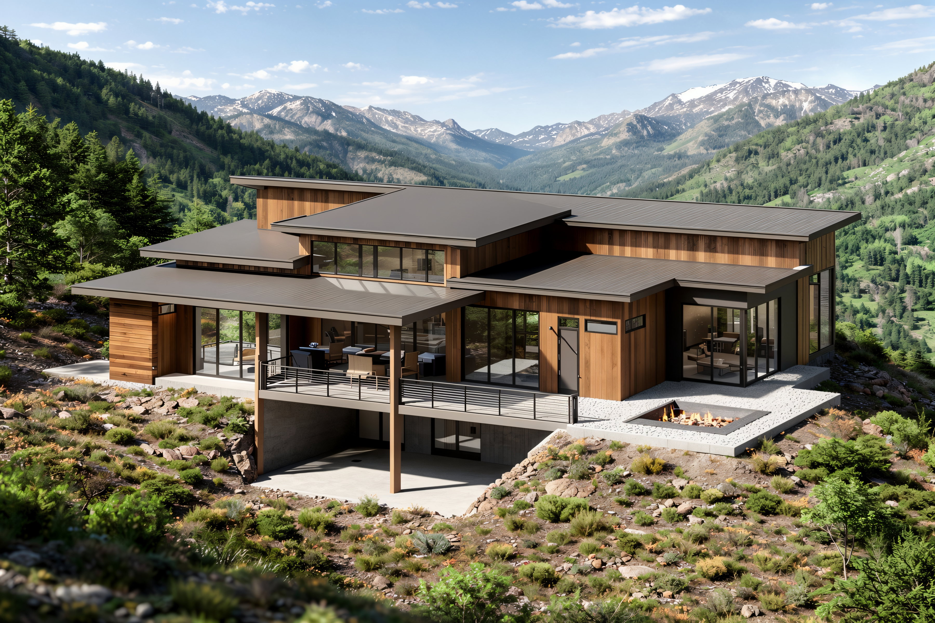 Back of property featuring a patio area, a mountain view, and a fire pit