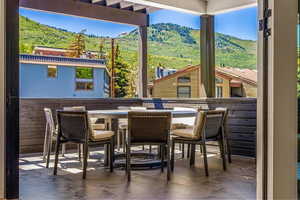 View of patio with a mountain view