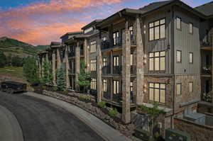 View of outdoor building at dusk