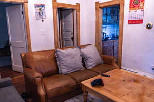 Living room with dark wood-type flooring